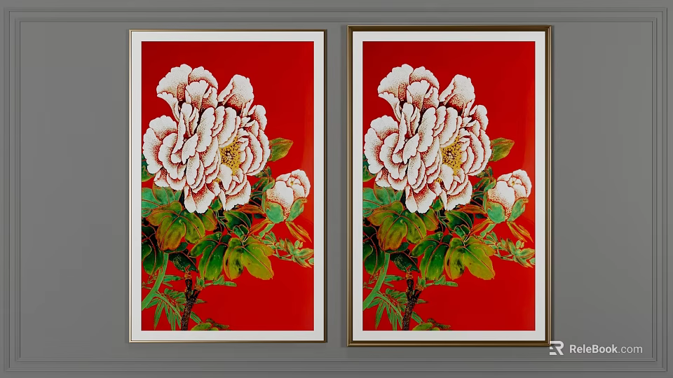 Pair of Framed Botanical Paintings with Red Background and White Peony Flowers 3d model 