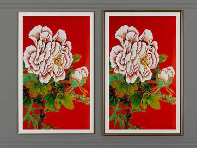 Pair of Framed Botanical Paintings with Red Background and White Peony Flowers 3d model