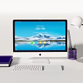 Modern Desktop Computer Workstation With Monitor Keyboard Mouse Lamp And Accessories