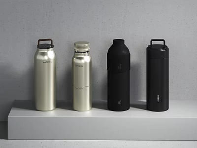 Four Silver And Black Vacuum Flasks On White Shelf Against Grey Wall 3d model
