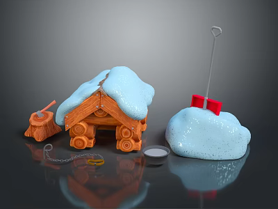 Snow Covered Wooden Cabin Model With Snow Mound Red Blocks And Winter Decorative Items 3d model
