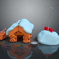 Snow Covered Wooden Cabin Model With Snow Mound Red Blocks And Winter Decorative Items
