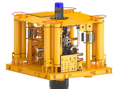 Industrial Hydraulic Machinery With Yellow Structure Multiple Columns Blue Top Pipes And Control Panel 3d model