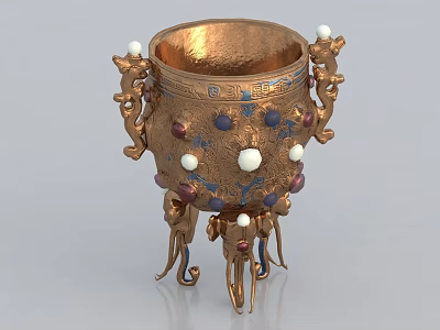 Ancient Ornate Gold Wine Cup With Dragon Handles And Gemstone Embellishments 3d model
