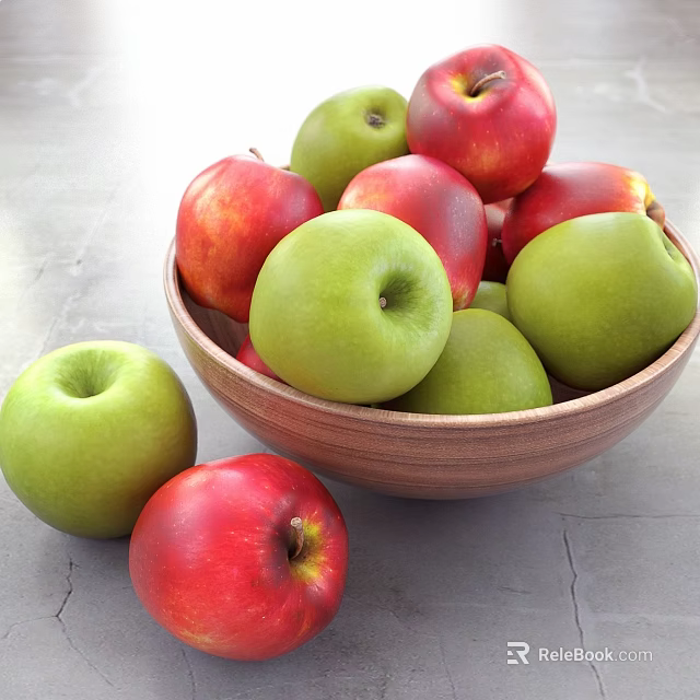 Fresh Red and Green Apples in Wooden Bowl with Extra Apples on Table 3d model 