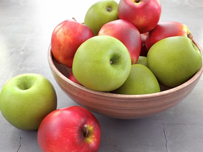 Fresh Red and Green Apples in Wooden Bowl with Extra Apples on Table 3d model