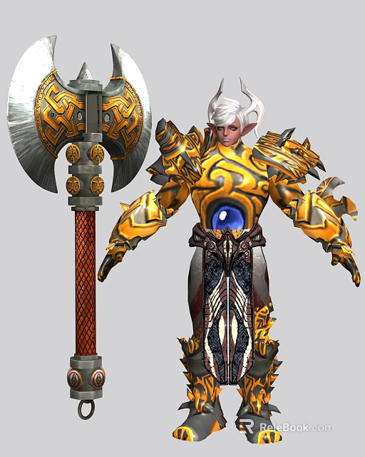 Game Movie Character White Haired Elf with Golden Black Armor Blue Gem Giant Red Axe 3d model 