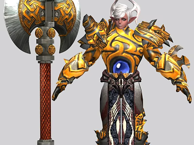 Game Movie Character White Haired Elf with Golden Black Armor Blue Gem Giant Red Axe 3d model