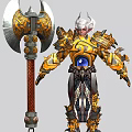 Game Movie Character White Haired Elf with Golden Black Armor Blue Gem Giant Red Axe