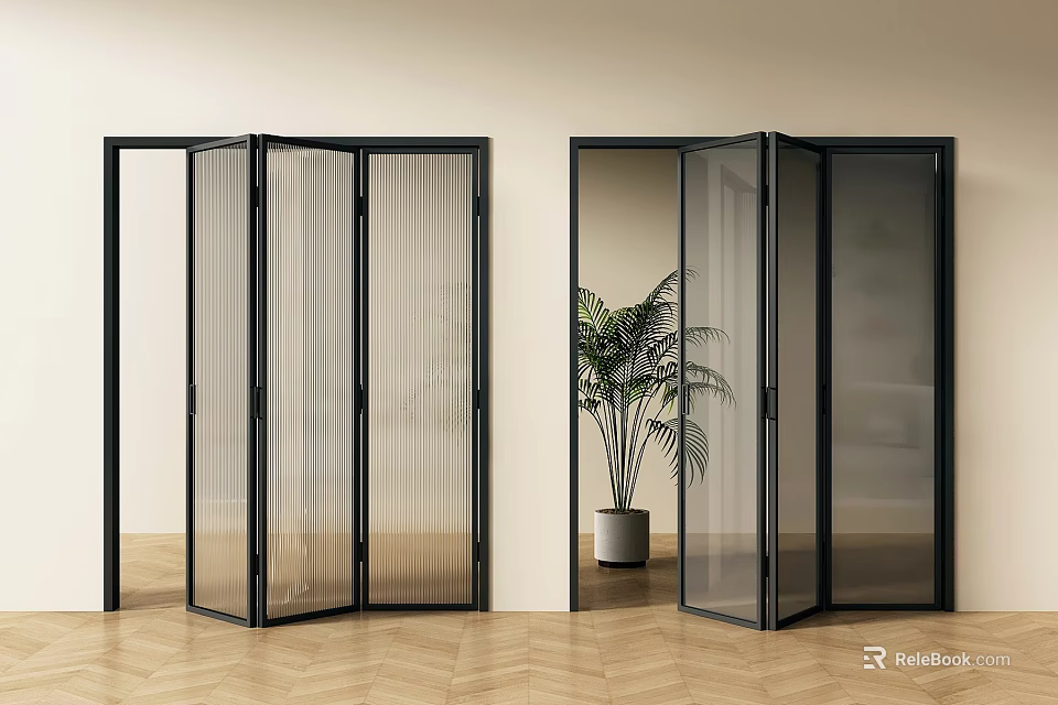 Partially Open Black Frame Folding Doors With Glass Mesh Panels And Potted Plant 3d model 
