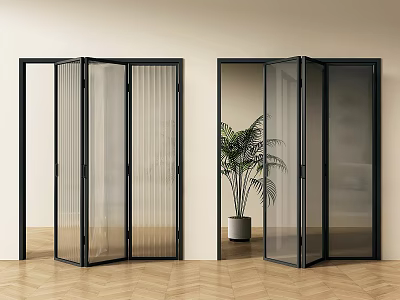 Partially Open Black Frame Folding Doors With Glass Mesh Panels And Potted Plant 3d model