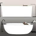 Modern White Freestanding Bathtub With Black Faucet Wooden Tray And Bath Products