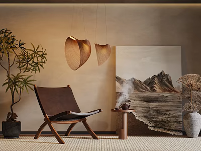 Luxury Leather Lounge Chair In Warm Living Room With Wooden Pendant Lights And Landscape Artwork 3d model