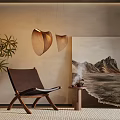 Luxury Leather Lounge Chair In Warm Living Room With Wooden Pendant Lights And Landscape Artwork