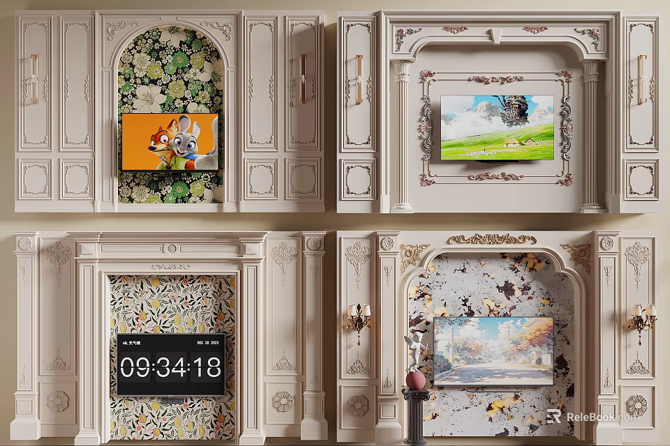 Elegant TV Wall Interior Design With Decorative Cabinets Patterned Backgrounds And Built in TV 3d model