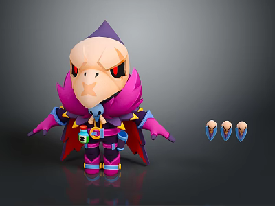 Cartoon Style Game Character with Skull Head Purple Pink Cape and Various Facial Expressions Displayed 3d model