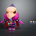Cartoon Style Game Character with Skull Head Purple Pink Cape and Various Facial Expressions Displayed