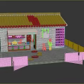 Cartoon Style Traditional Building Scene With Red Lanterns Open Kitchen Wooden Fence And Stone Path