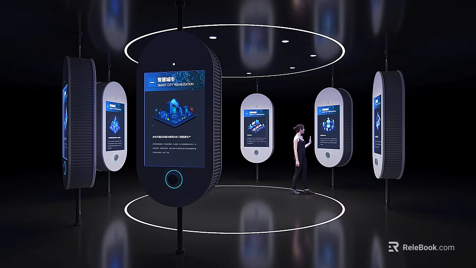 Interactive Digital Kiosks In Modern Exhibition With Person Interacting And Circular Lighting 3d model 