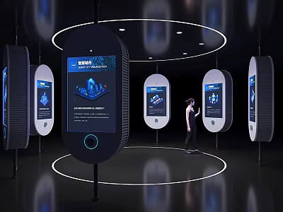 Interactive Digital Kiosks In Modern Exhibition With Person Interacting And Circular Lighting 3d model
