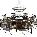 Elegant Modern Round Dining Table Set with 8 Chairs Tableware and Hanging Pendant Light 3d model