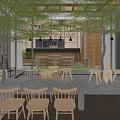 Modern Café Interior with Wooden Counter Black Bar Stools Green Plants Pendant Lights Patterned Floor