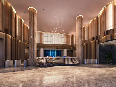 Elegant Modern Reception Desk In Luxury Lobby With Wooden Panels Chandelier And Marble Flooring 3d model