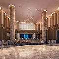Elegant Modern Reception Desk In Luxury Lobby With Wooden Panels Chandelier And Marble Flooring