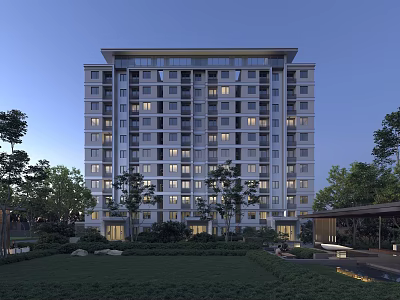 Modern High Rise Residential Building with Night View Lighting and Surrounding Green Plants Environment 3d model