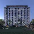 Modern High Rise Residential Building with Night View Lighting and Surrounding Green Plants Environment