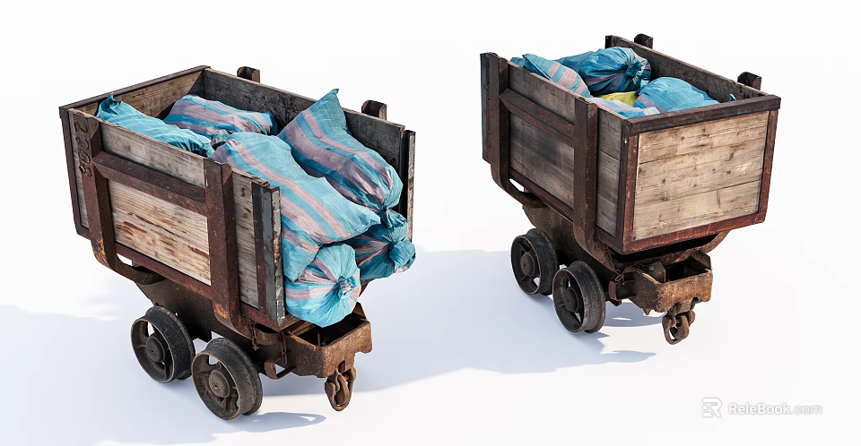 Vintage Wooden Carts Filled With Blue And Pink Striped Bags On Wheels 3d model 