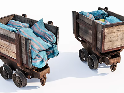 Vintage Wooden Carts Filled With Blue And Pink Striped Bags On Wheels 3d model