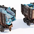 Vintage Wooden Carts Filled With Blue And Pink Striped Bags On Wheels
