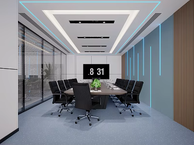Modern Conference Room With Long Table Black Chairs Smart Screen Blue Lighting And Glass Partitions 3d model
