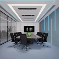 Modern Conference Room With Long Table Black Chairs Smart Screen Blue Lighting And Glass Partitions