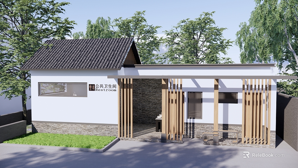 Traditional Oriental Pearl Building With Tile Roof White Walls Wooden Structure Lawn And Trees 3d model 