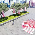 Vibrant Outdoor Interactive Zone With Red Decorations Trees City Skyline And People