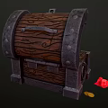 Open Wooden Treasure Chest With Metal Locks Filled With Gold Coins And Red Gems