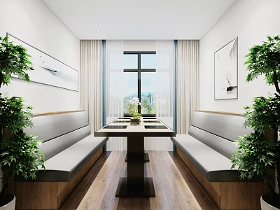Modern Office Interior Design With Wooden Desk Green Plants And Large Windows 3d model