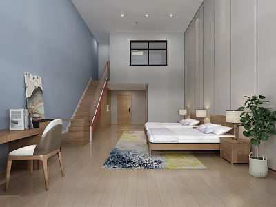 Hotel Guest Room With Blue Walls Staircase Bed Bedside Tables Lamps Rug Desk Chair Plant 3d model