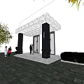 Elegant Entrance Gate With Double Doors Decorative Canopy Stone Pavement And Green Plants