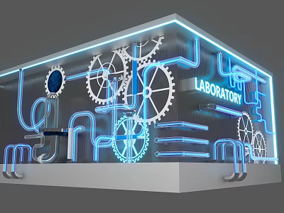 Laboratory Themed Event Entrance With Gears Pipes And Illuminated Lines 3d model