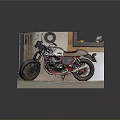 Vintage Silver Red Motorcycle with Brown Leather Seat on Wooden Display Stand and Shelf Mirror Decor