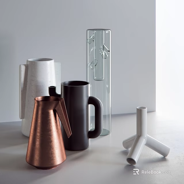 Modern Copper Black White Glass Vases With Handle Tripod Design And Flowers 3d model 