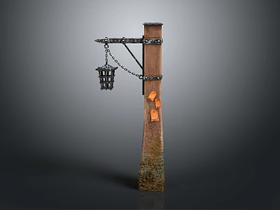 Wooden Utility Pole Mounted Equipment with Hanging Cage Chain and Orange Components 3d model