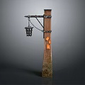 Wooden Utility Pole Mounted Equipment with Hanging Cage Chain and Orange Components 3d model