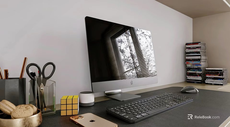 Desktop Computer Setup With Keyboard Mouse Rubik's Cube iPhone And Bookshelf 3d model 