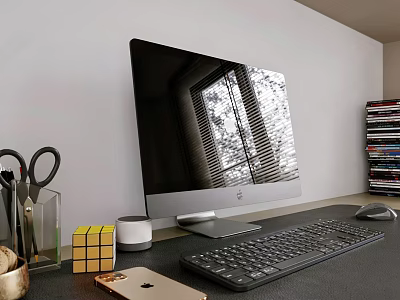 Desktop Computer Setup With Keyboard Mouse Rubik's Cube iPhone And Bookshelf 3d model