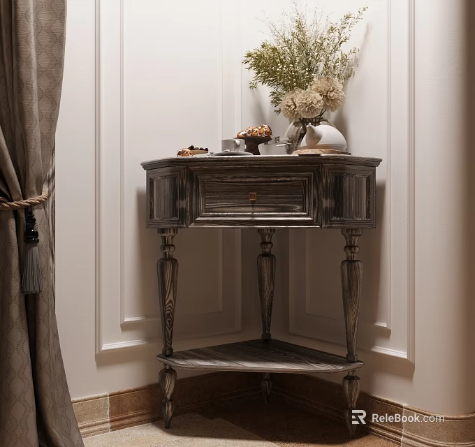 Elegant Gray Wooden Console Table With Drawer Flower Vase And Decor Against White Wall 3d model 