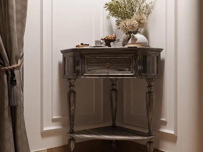 Elegant Gray Wooden Console Table With Drawer Flower Vase And Decor Against White Wall 3d model